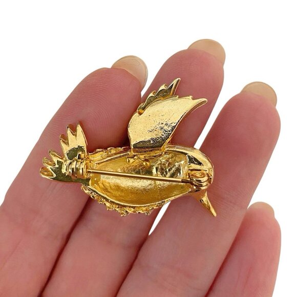 Vintage Gold Toned Hummingbird With Rhinestone Embellished Wing Brooch & Pouch - Picture 5 of 6